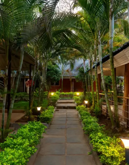Elegant front view of a Dandeli resort surrounded by lush greenery and welcoming architecture.